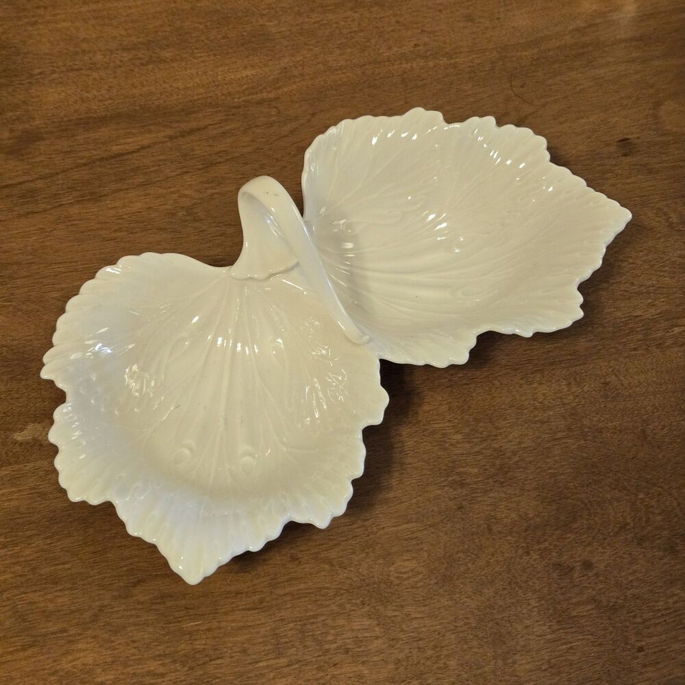 Vintage Lenox Double Leaf Ivory Candy Nut Serving Dish Bowl Handled 10"